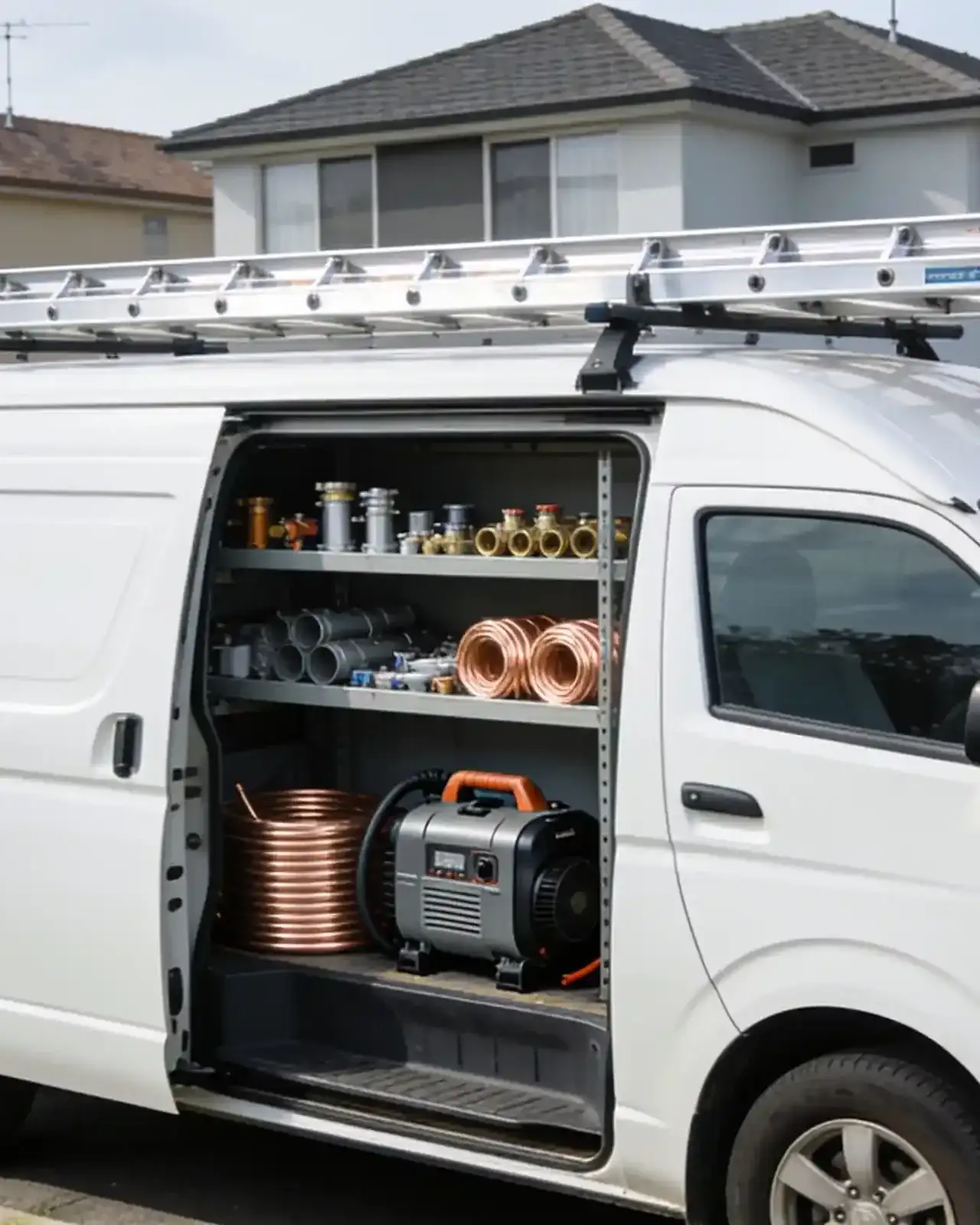 A white work van with its side door open on shelves of fittings and coils of copper pipe, a ladder on the roof racks