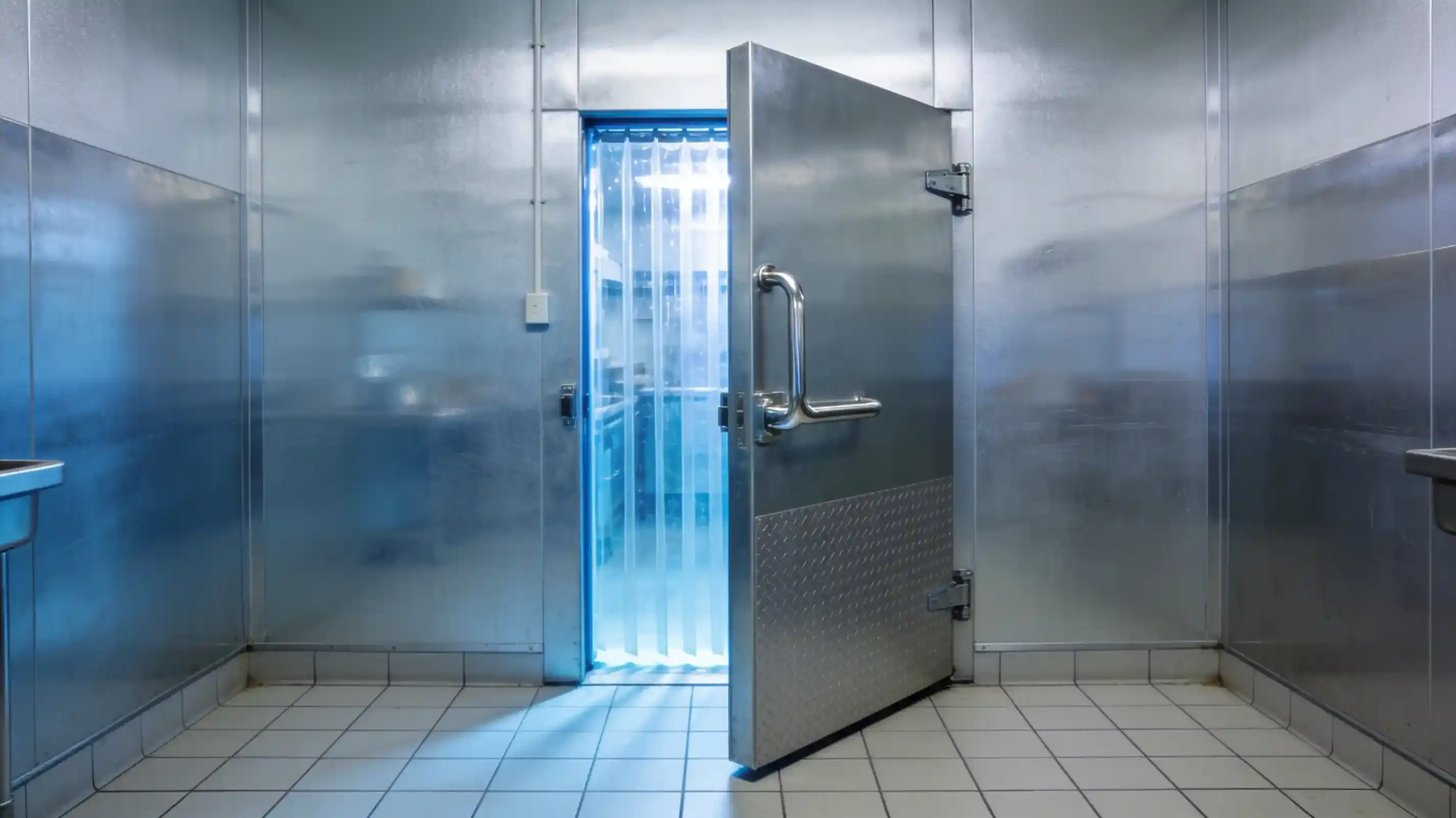 A stainless steel cool room, its door open on a strip curtain lit cold blue