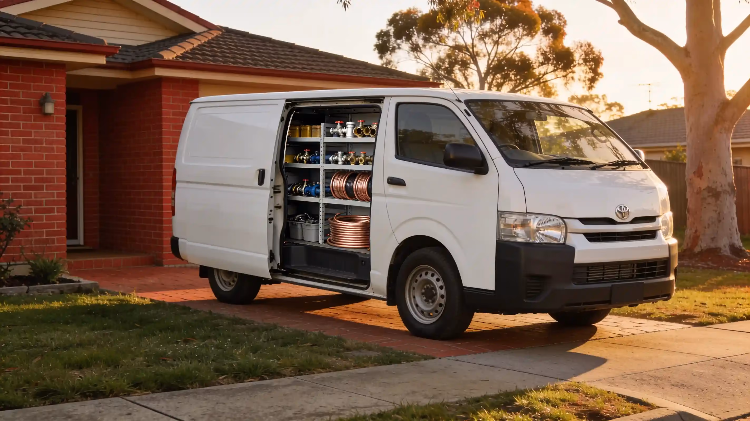 A white van with its side door open on shelves of fittings and coils of copper pipe, parked in the driveway of a brick home at sunset