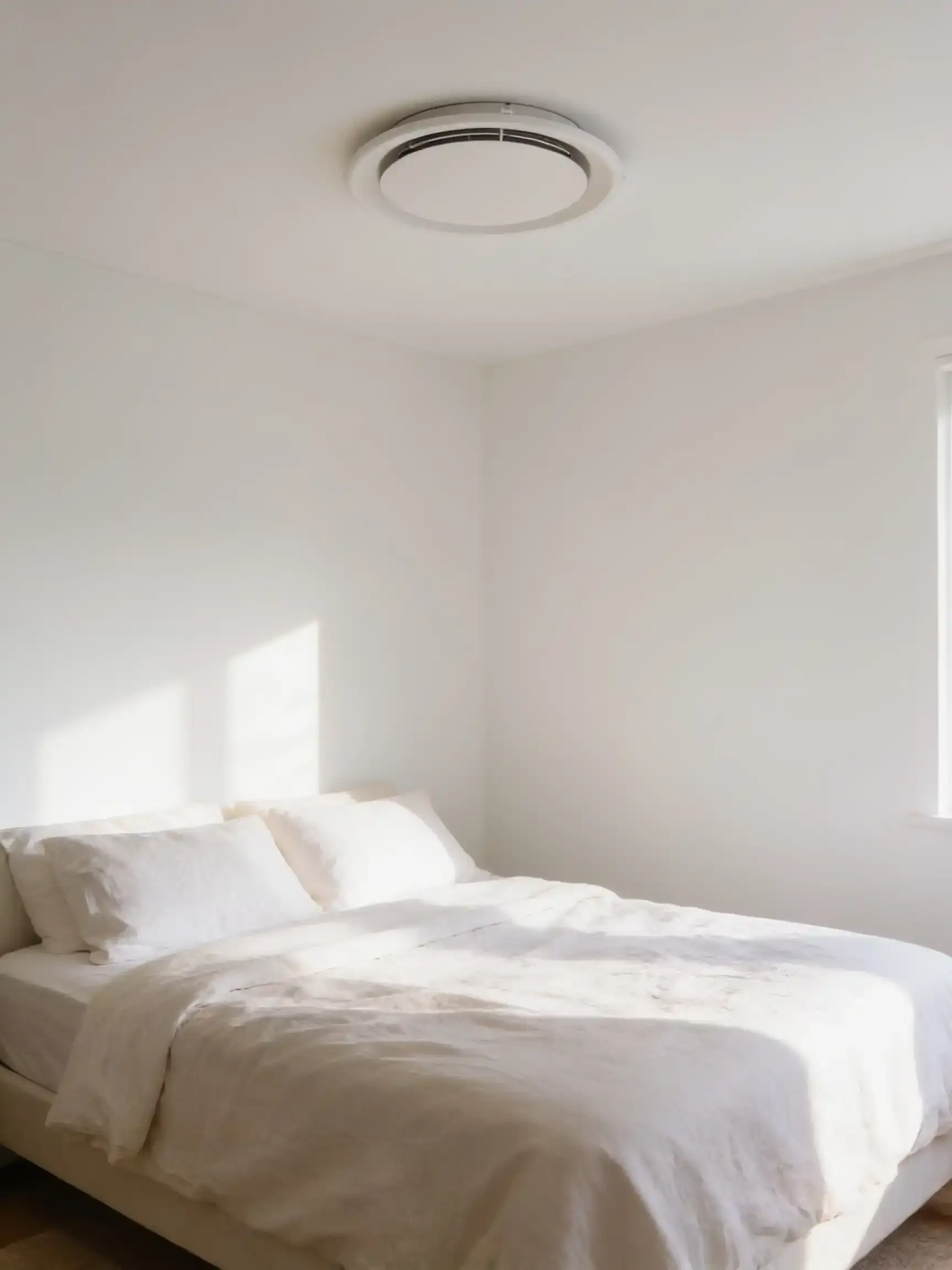 A sunlit bedroom with white walls, linen bedding and a round ducted air conditioning outlet in the ceiling
